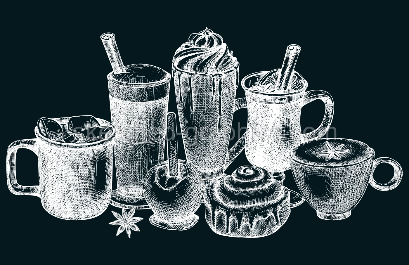 Vector collection of glassware with hot drinks. Sketched autumn drinks drawings. Mulled wine, coffee, hot chocolate, pumpkin latte, mugs, and desserts on chalkboard. Thanksgiving dinner beverages Illustration